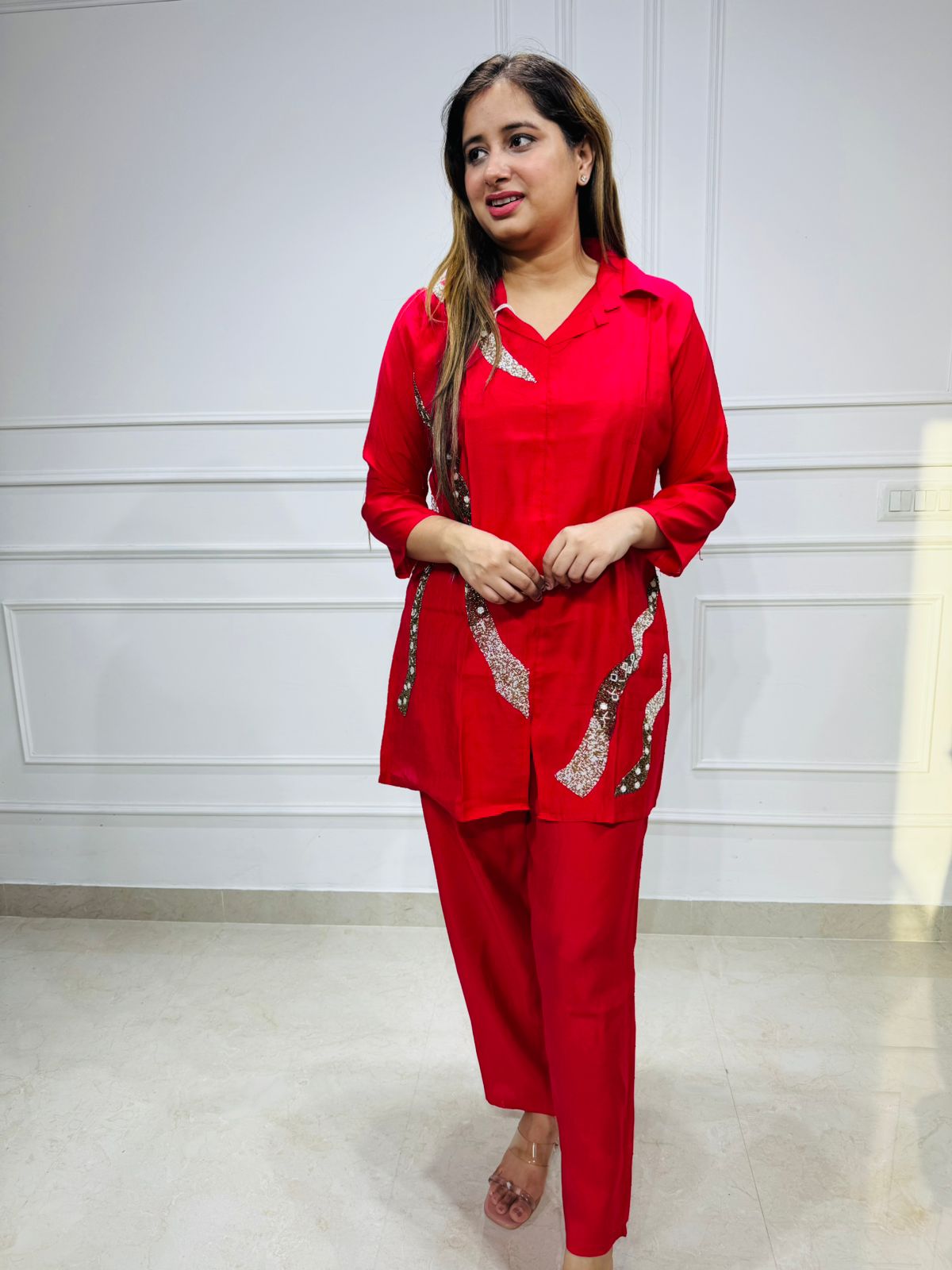 Edge⚡  | Vibrant Red Straight-Fit Co-ord Set with Statement Sequin Detailing