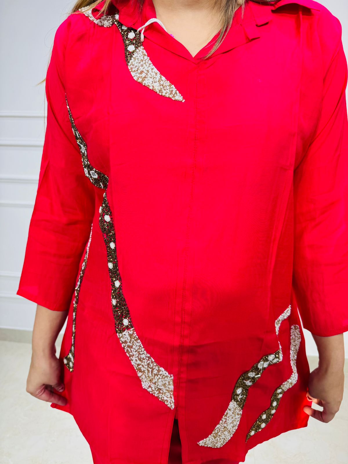 Edge⚡  | Vibrant Red Straight-Fit Co-ord Set with Statement Sequin Detailing