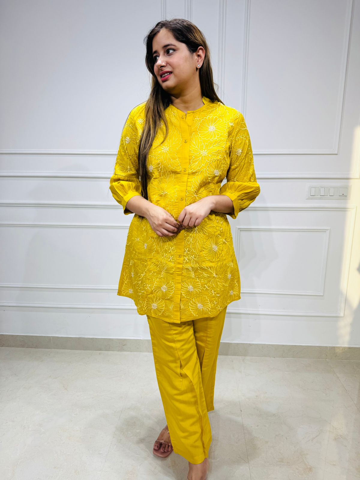 Oni🪶 | Yellow Straight Kurta Set with White Thread Embroidery