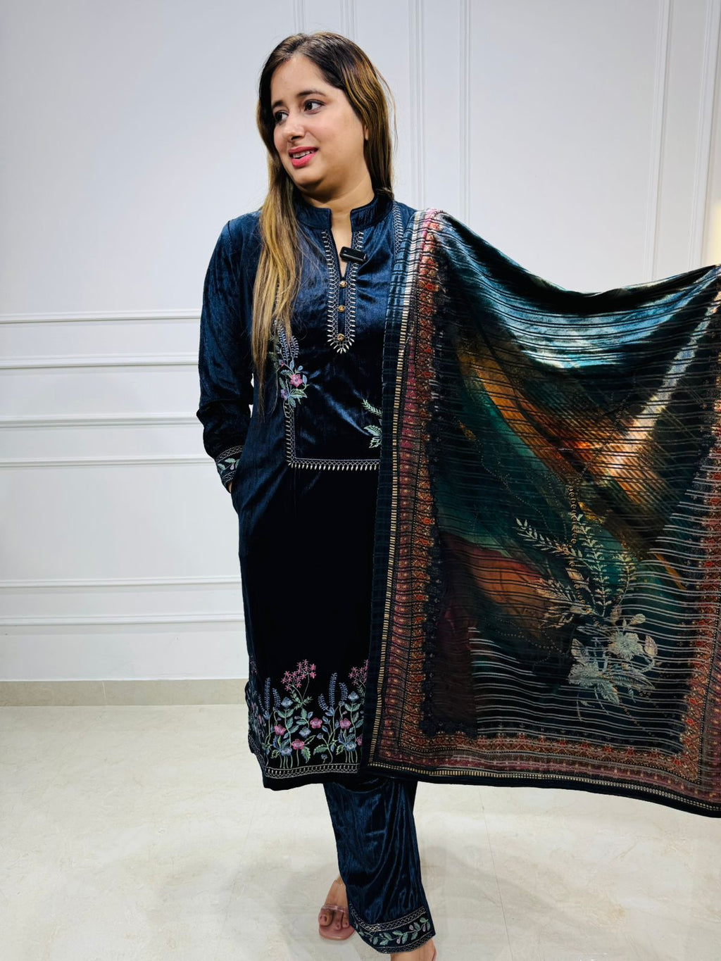 Meherbaan 🌷 | Deep Blue Velvet Embroidery Suit with Artistic Shawl Dupatta