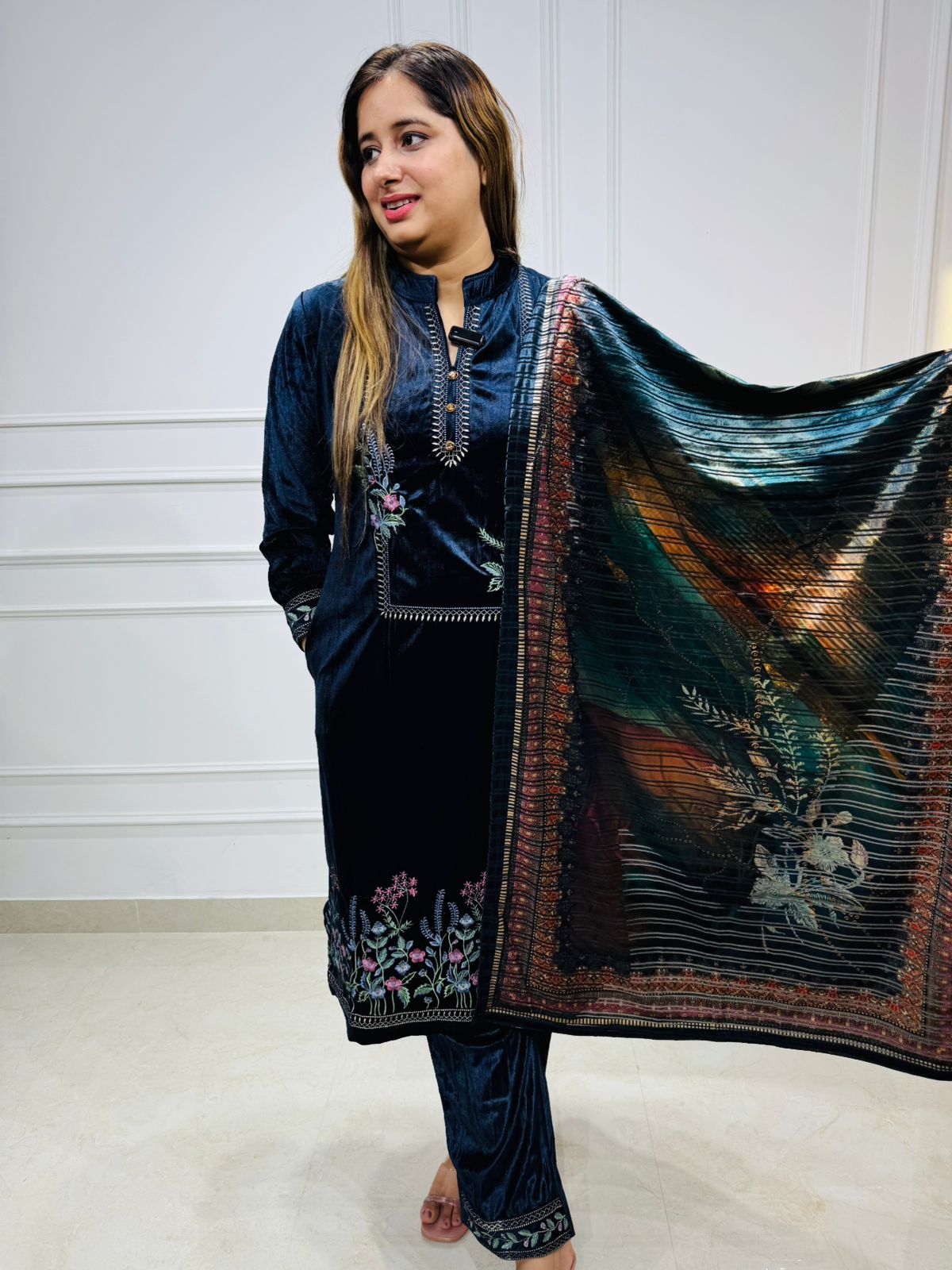 Meherbaan 🌷 | Deep Blue Velvet Embroidery Suit with Artistic Shawl Dupatta