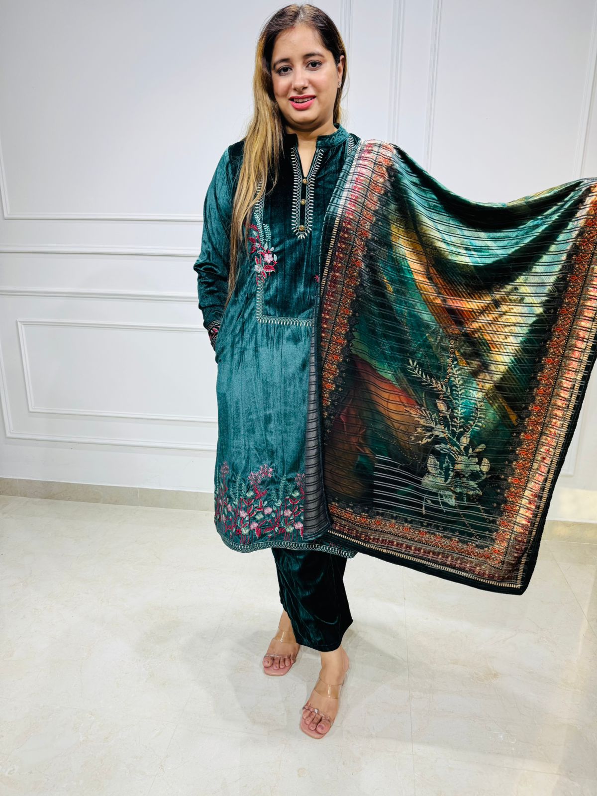 Aarohi 🌿 | Teal Green Velvet Embroidery Suit with Artistic Shawl Dupatta