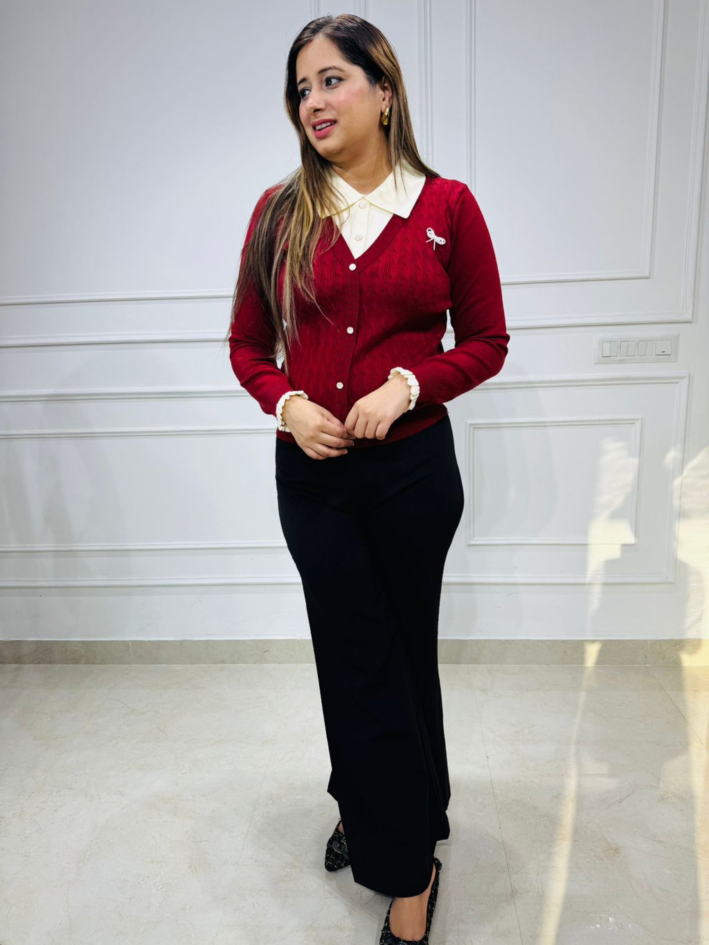 Vinci❤️ | Classic Woolen Buttoned Knit Top – Blush Red