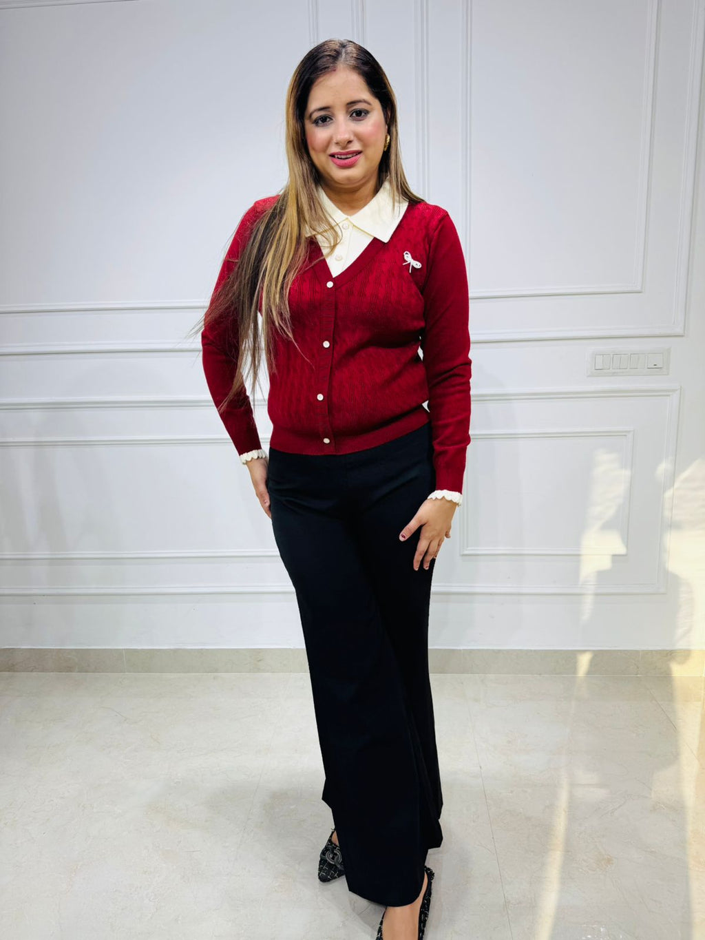 Vinci❤️ | Classic Woolen Buttoned Knit Top – Blush Red