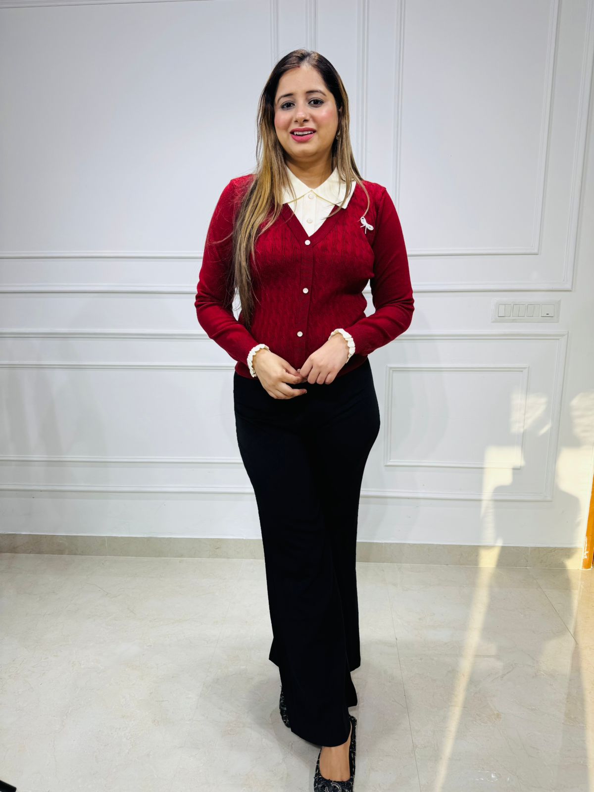 Vinci❤️ | Classic Woolen Buttoned Knit Top – Blush Red