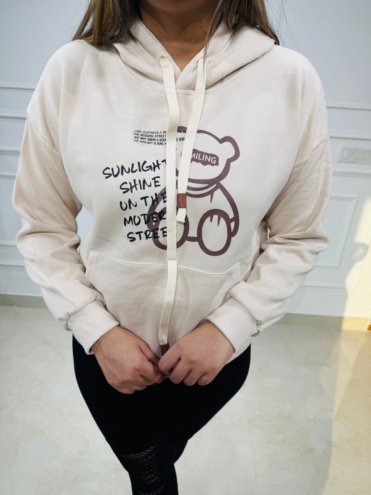 Raga🤍 | Beige Teddy Print Drawstring Hoodie – Urban Casualwear