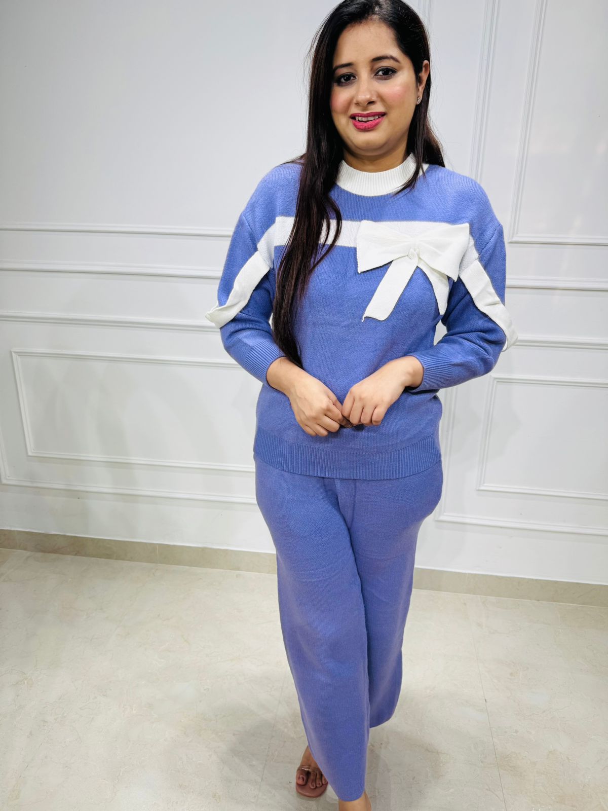 Grace💙 | Blue Winter Knit Coord Set with White Bow Accent