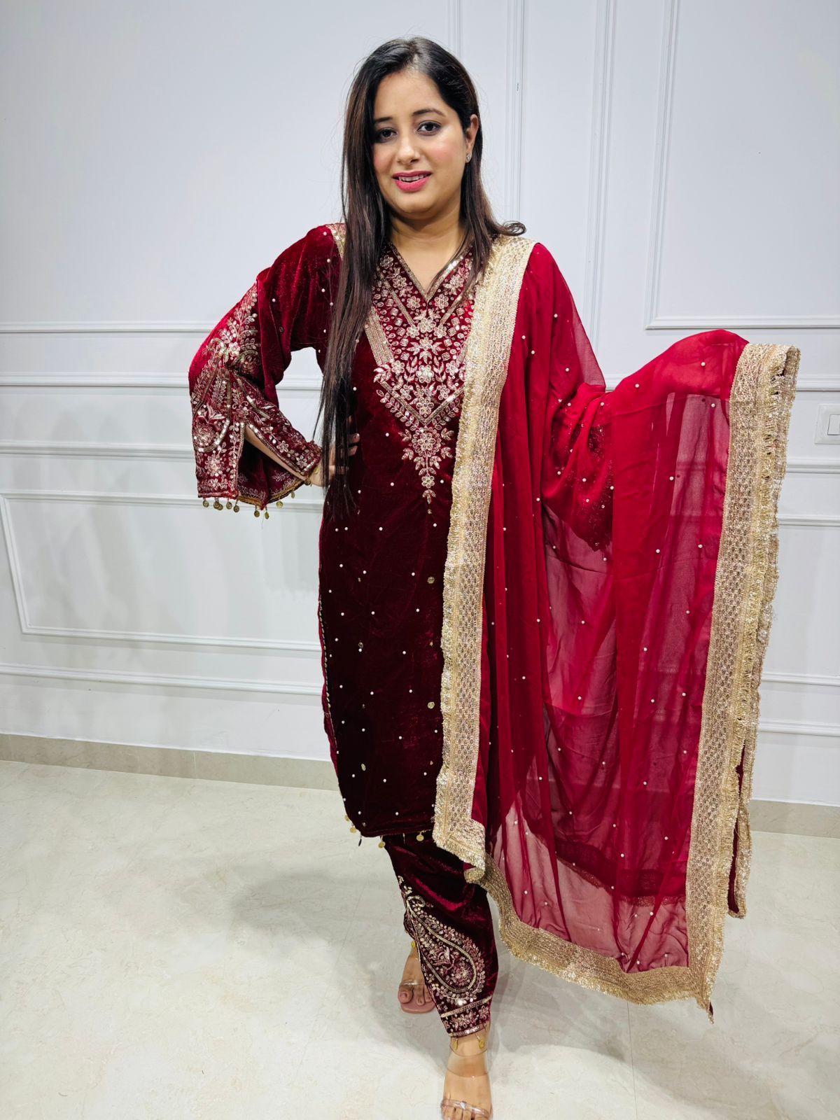 Siana💎 | Velvet Maroon Embroidered Suit Set with Zari Dupatta
