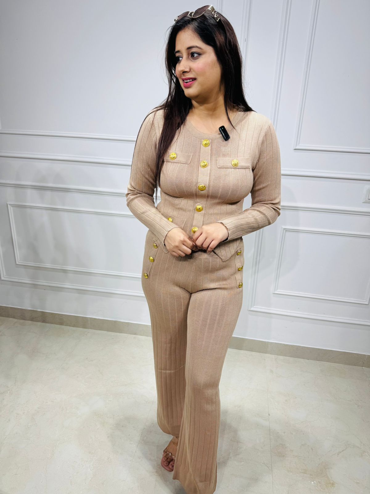 Aayna🕊️(Brown) | Premium Ribbed Co-ord Set with Gold Button Detailing