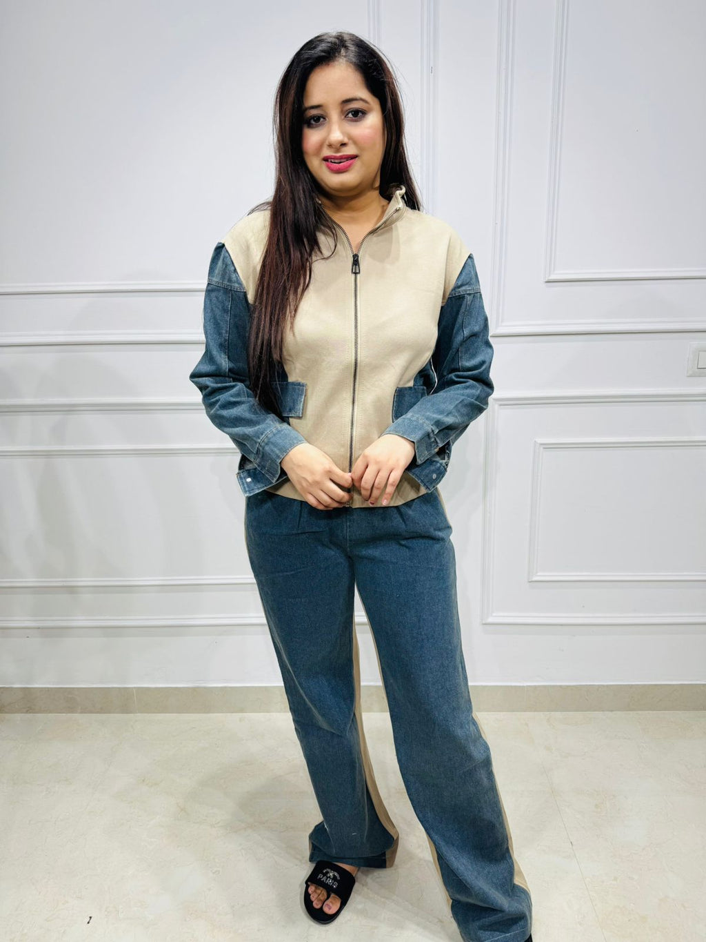 Ravika🤎 | Premium Two-Tone Denim & Beige Panelled Zipper Jacket Co-ord Set