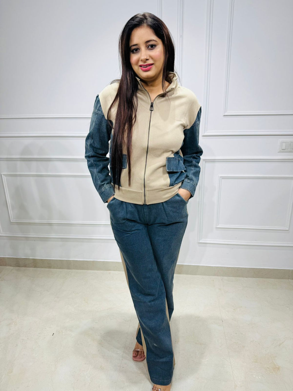 Ravika🤎 | Premium Two-Tone Denim & Beige Panelled Zipper Jacket Co-ord Set