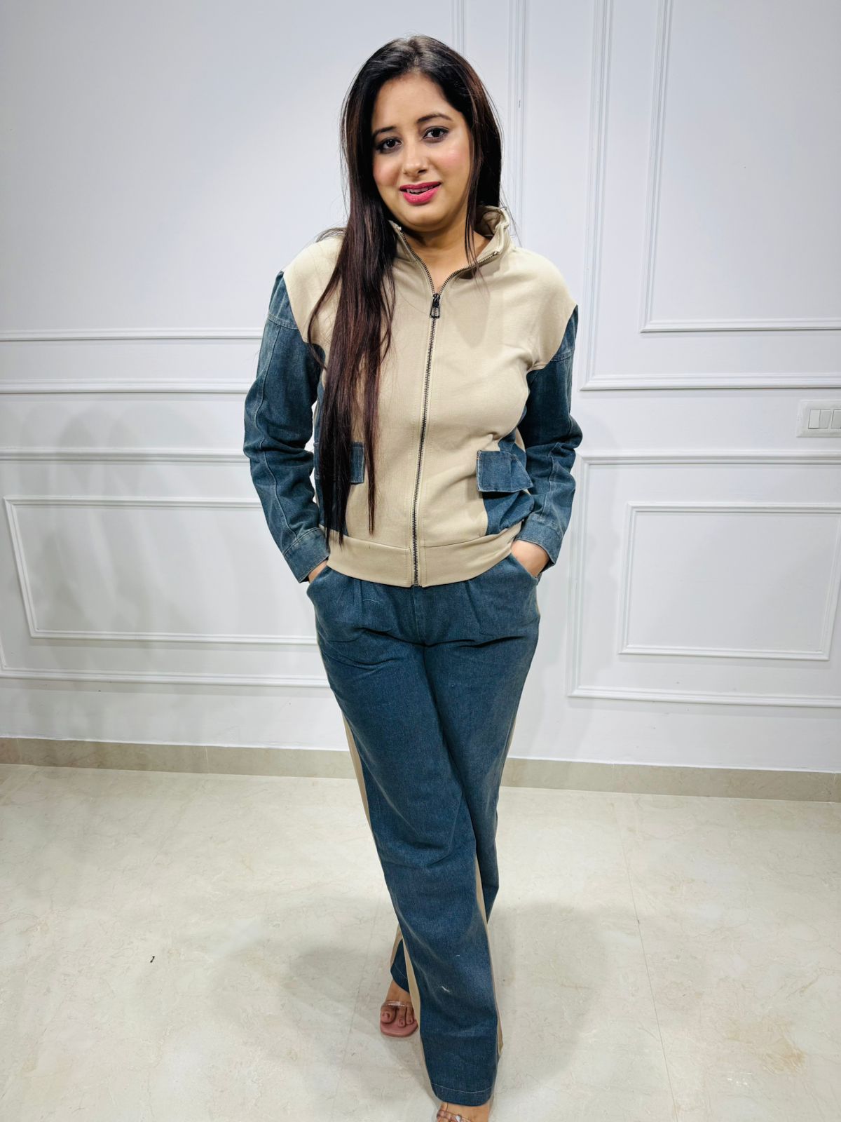 Ravika🤎 | Premium Two-Tone Denim & Beige Panelled Zipper Jacket Co-ord Set