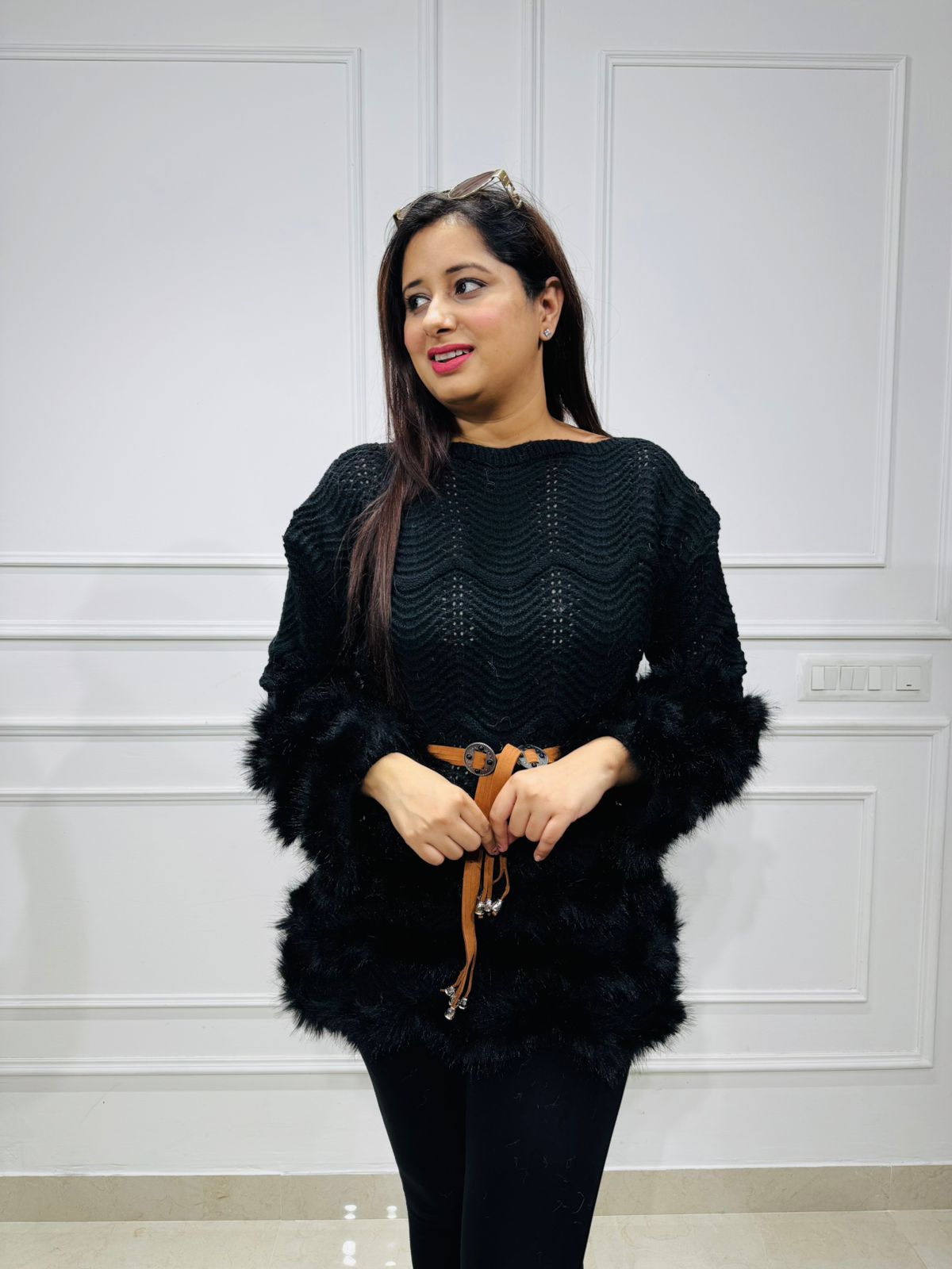 Reetu🖤 | Luxury Black Knitted Fur Trimmed Sweater Tunic with Designer Belt