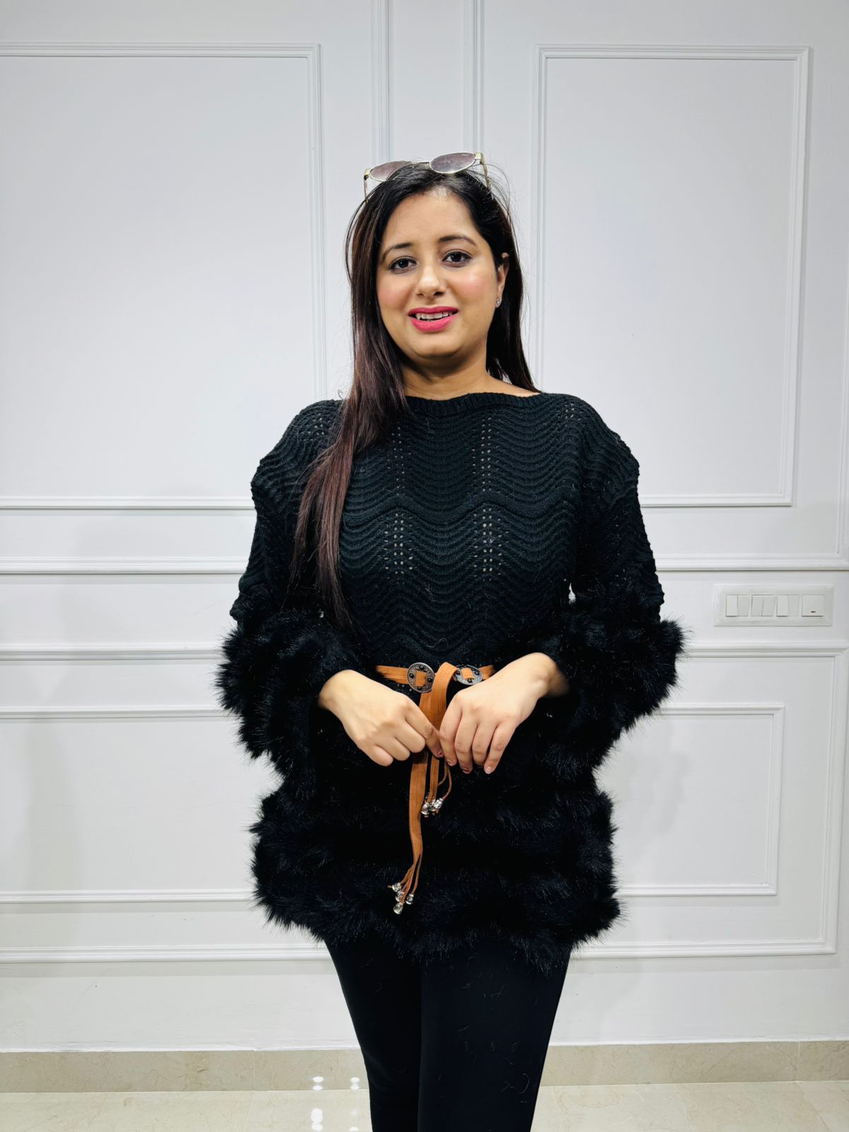 Reetu🖤 | Luxury Black Knitted Fur Trimmed Sweater Tunic with Designer Belt