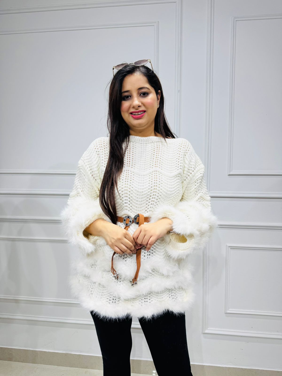Reetu🤍 | Luxury White Knitted Fur Trimmed Sweater Tunic with Designer Belt