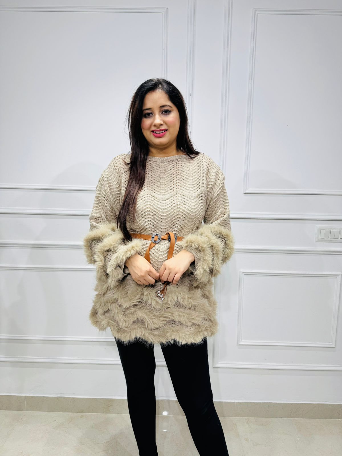 Reetu🐪 | Luxury Beige Knitted Fur Trimmed Sweater Tunic with Designer Belt