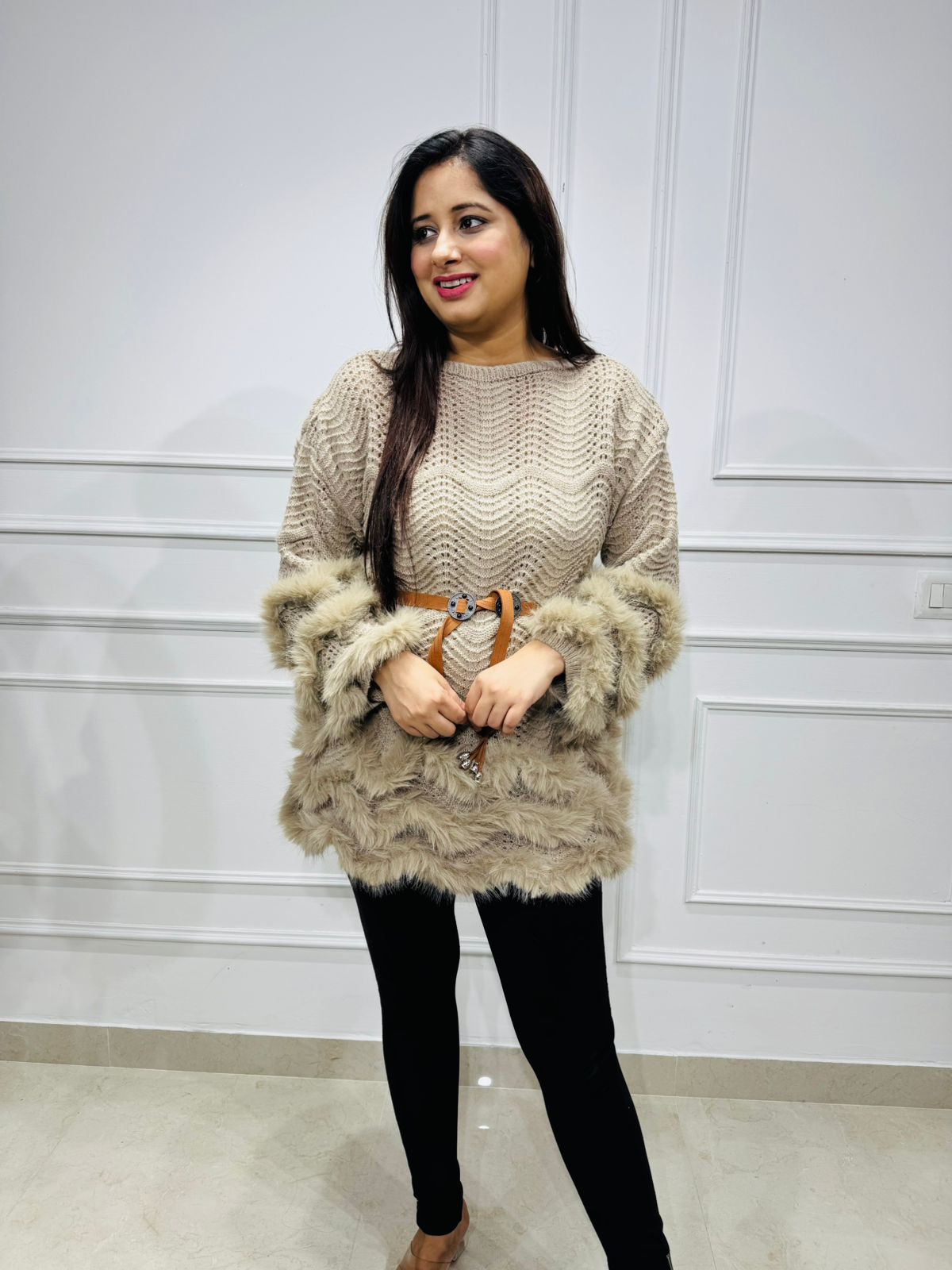 Reetu🐪 | Luxury Beige Knitted Fur Trimmed Sweater Tunic with Designer Belt