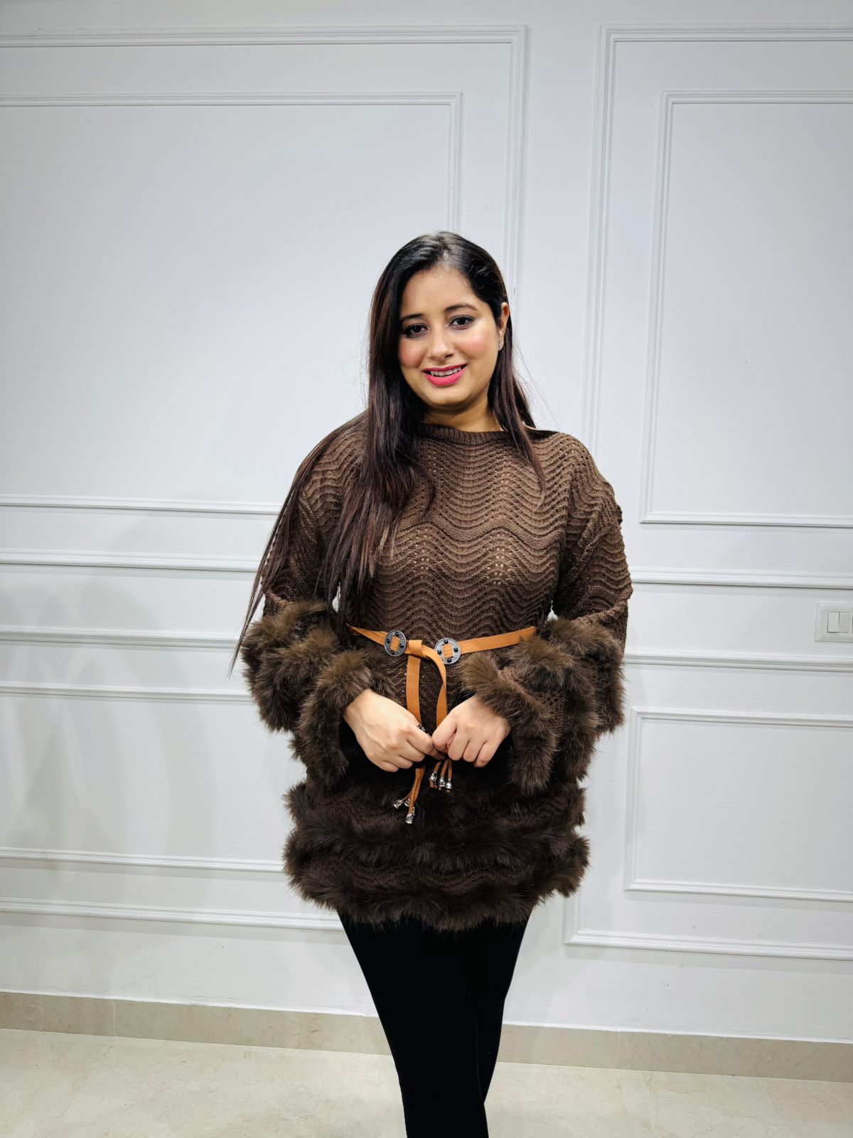 Reetu🤎 | Luxury Brown Knitted Fur Trimmed Sweater Tunic with Designer Belt