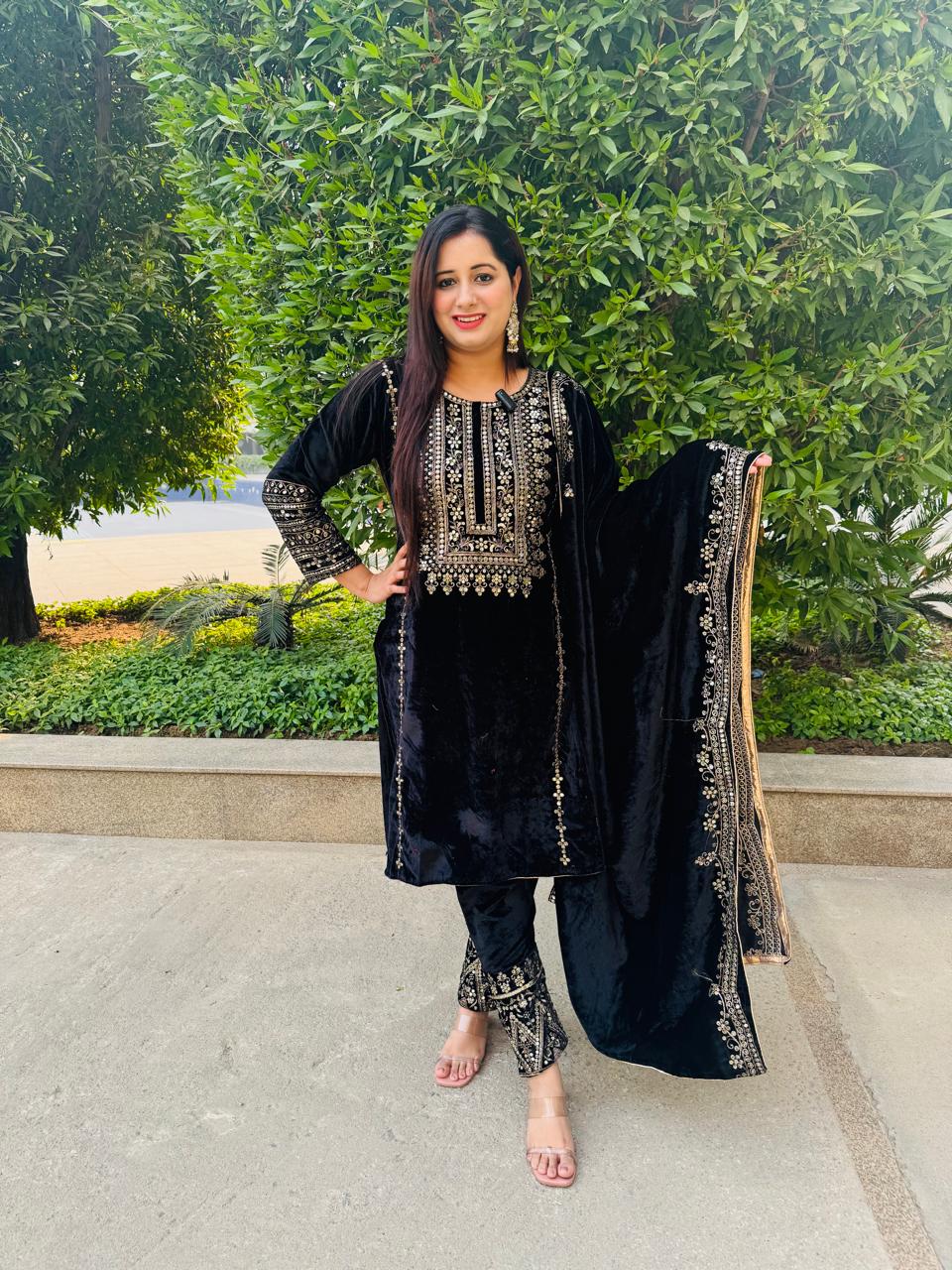 Black Velvet Embroidered Pakistani Suit Set.