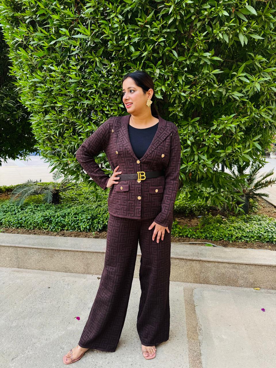 Brunetta | Chocolate Brown Textured Pant Suit Set