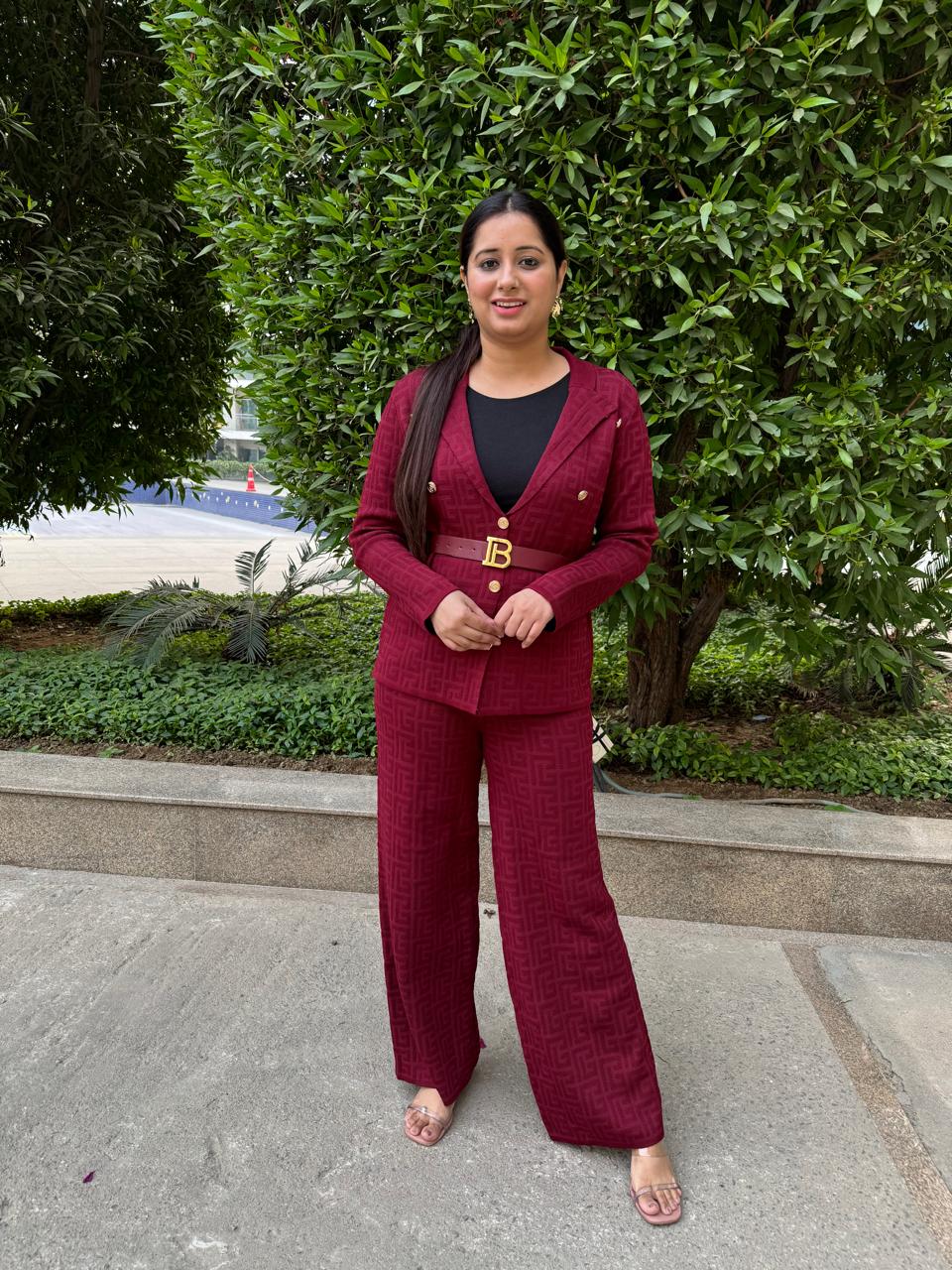 Rovira | Burgundy Textured Pant Suit Set
