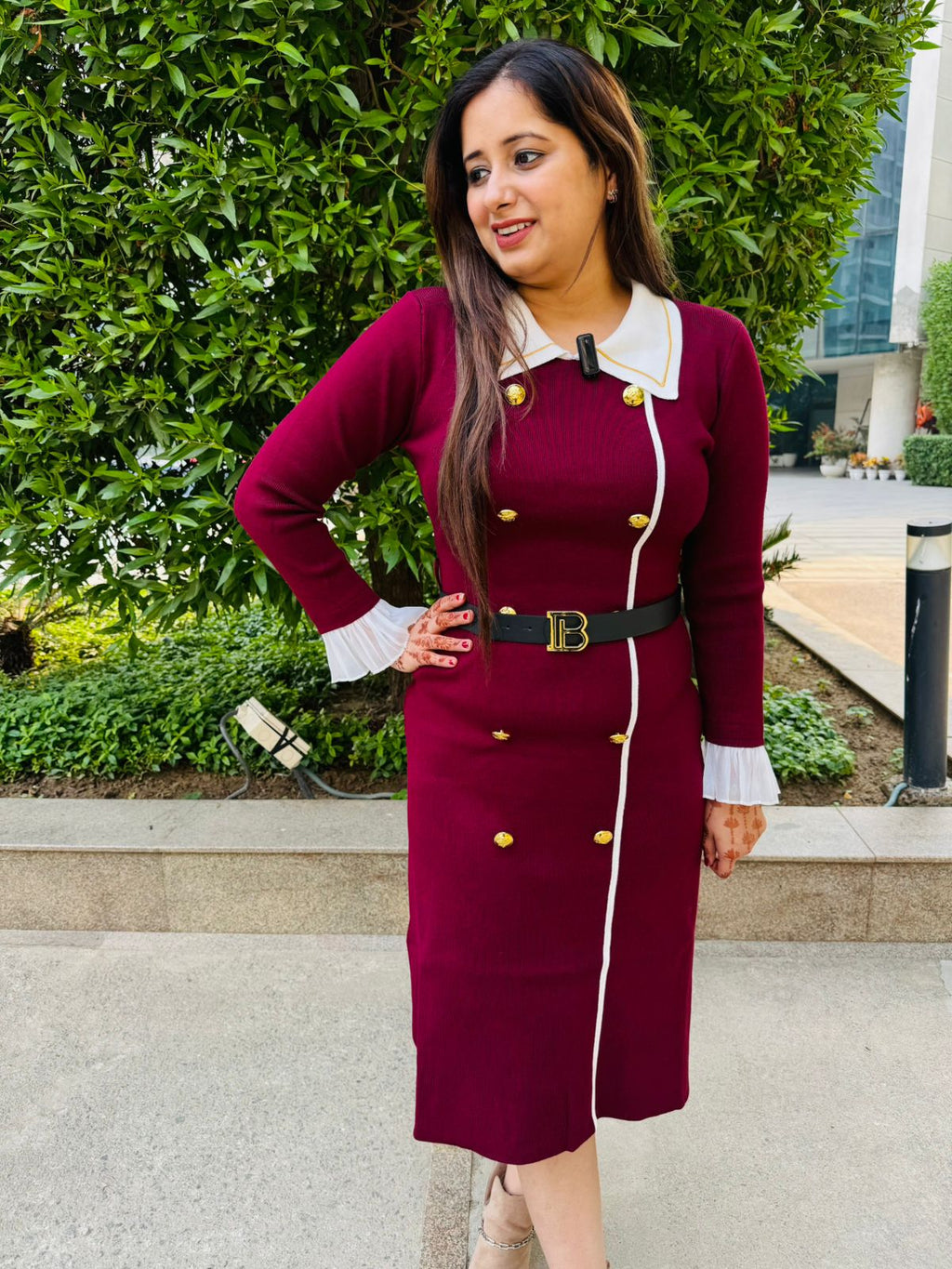Regalia | Elegant Burgundy Double-Breasted Midi Dress with Contrast Collar and Cuffs