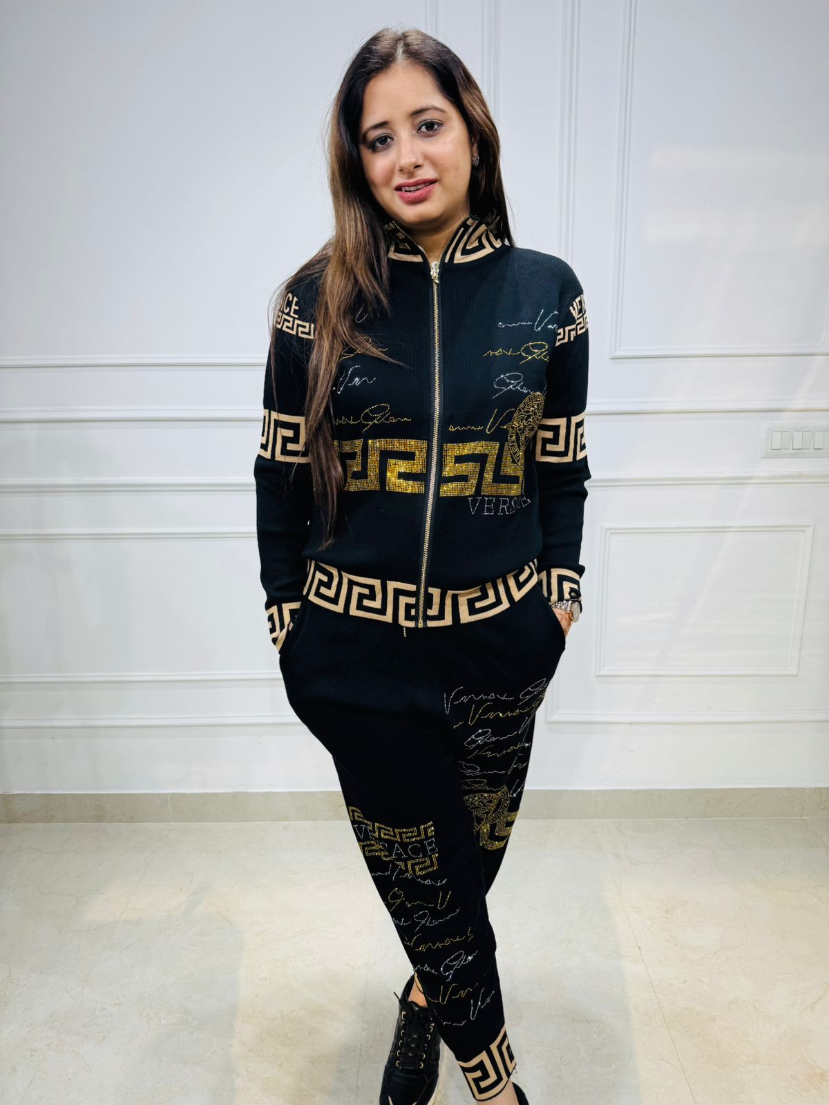 Sage | Women's Black Luxury Tracksuit Set – Greek Key Gold Detailing | Zip Jacket & Joggers