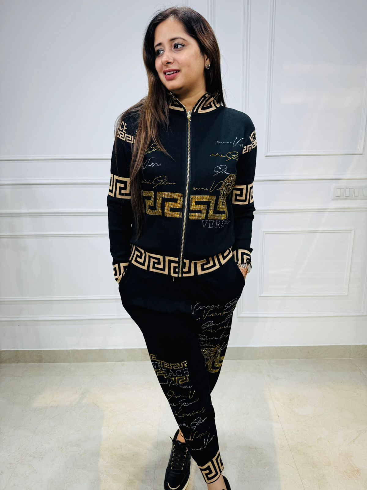 Sage | Women's Black Luxury Tracksuit Set – Greek Key Gold Detailing | Zip Jacket & Joggers