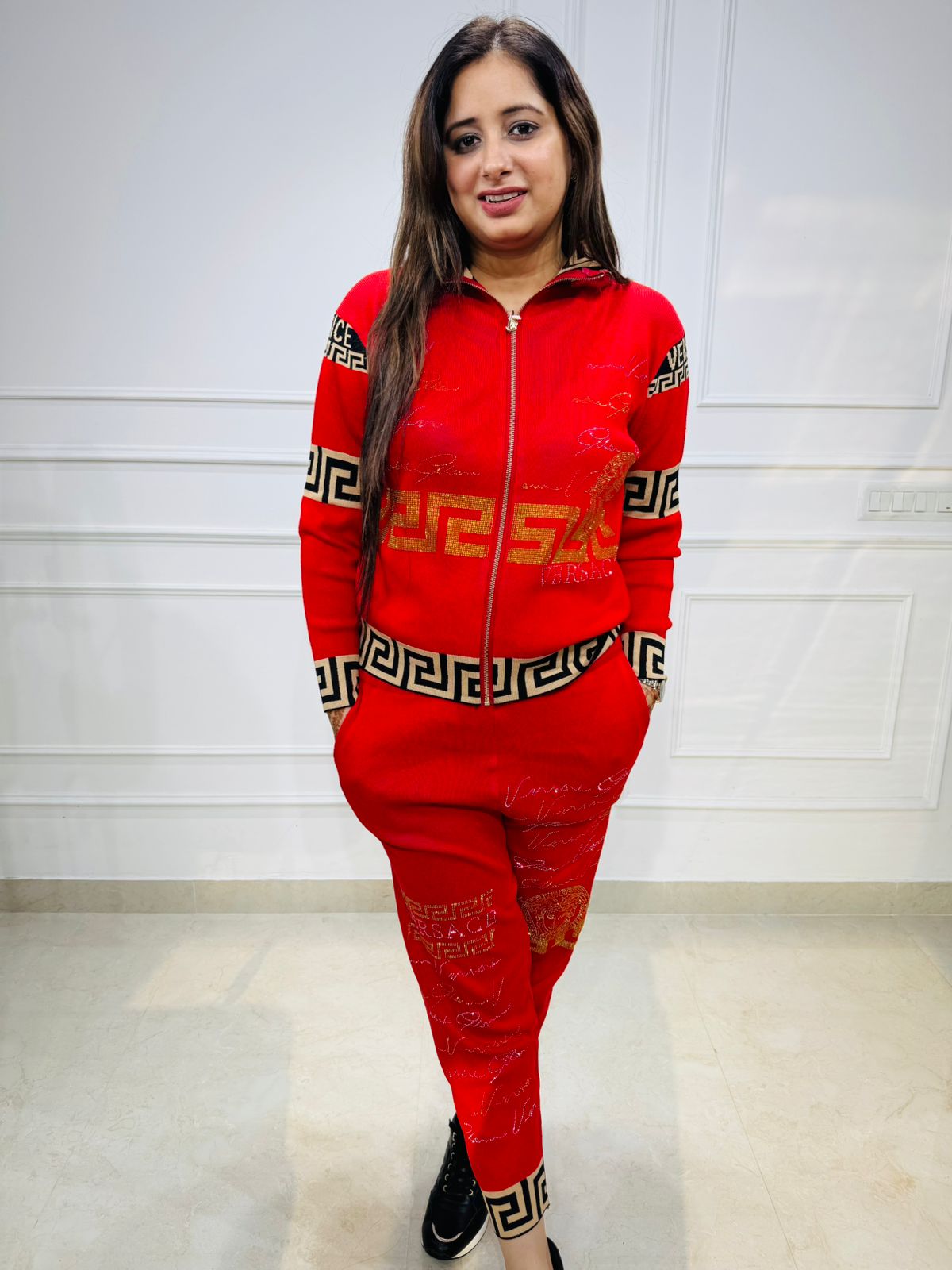 Avery | Women's Red Luxury Tracksuit Set – Greek Key Gold Detailing | Zip Jacket & Joggers
