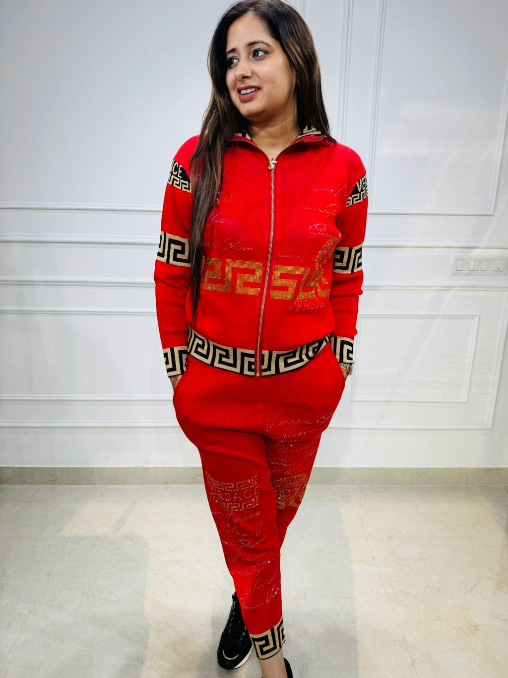 Avery | Women's Red Luxury Tracksuit Set – Greek Key Gold Detailing | Zip Jacket & Joggers
