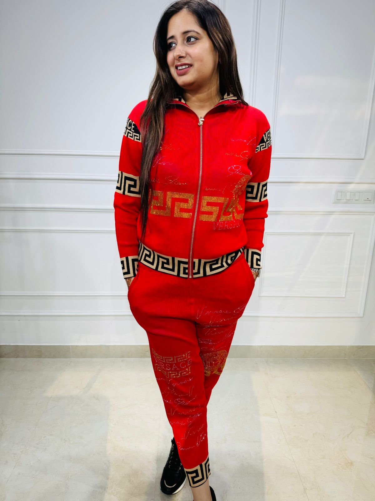 Avery | Women's Red Luxury Tracksuit Set – Greek Key Gold Detailing | Zip Jacket & Joggers