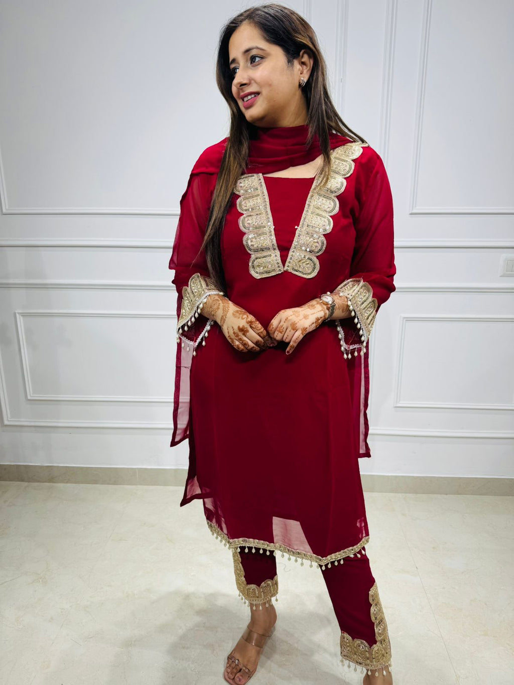 Riley | Maroon Gold Lace Kurta Set with Dupatta – Women's Ethnic Suit