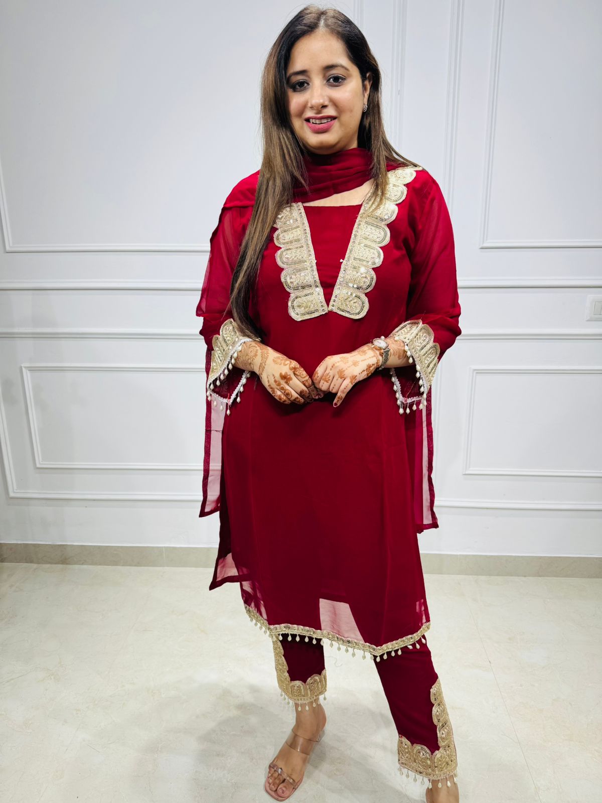 Riley | Maroon Gold Lace Kurta Set with Dupatta – Women's Ethnic Suit