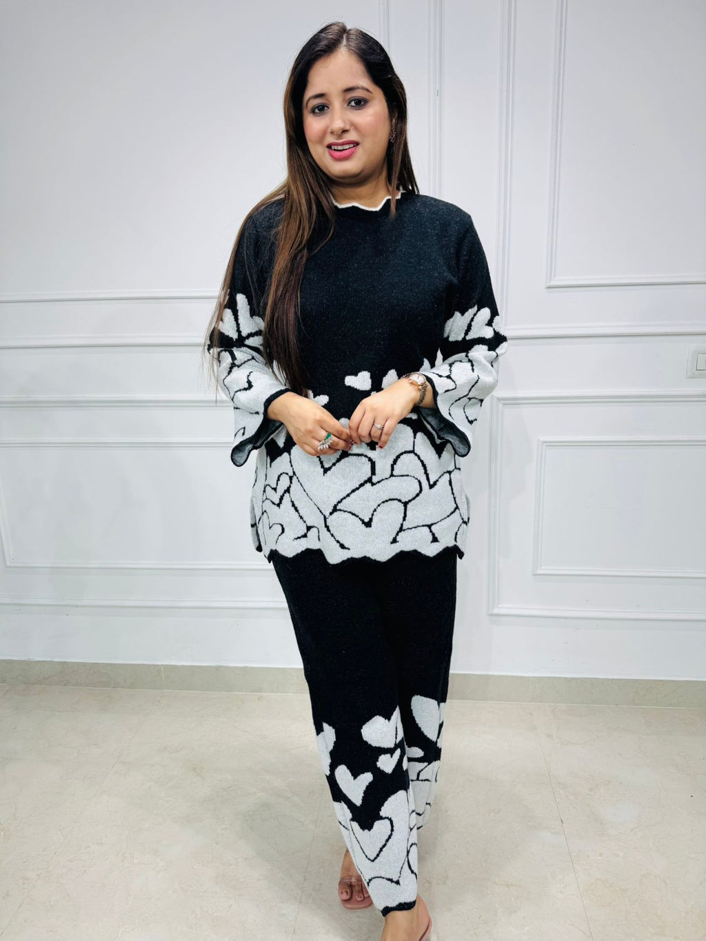 Kwame | Black & White Heart Print Co-ord Set – Women's Knit Loungewear