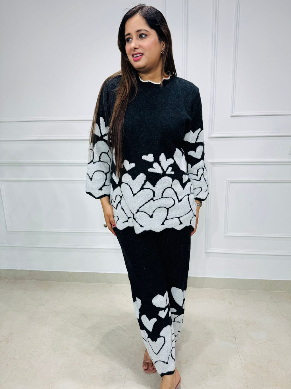 Kwame | Black & White Heart Print Co-ord Set – Women's Knit Loungewear