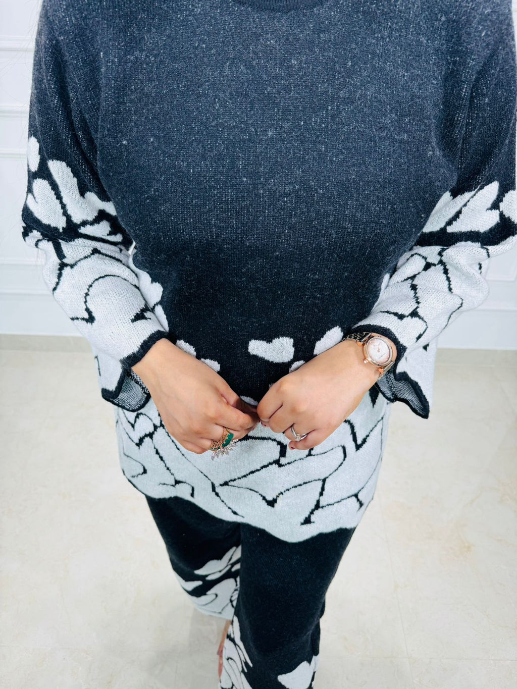 Kwame | Black & White Heart Print Co-ord Set – Women's Knit Loungewear