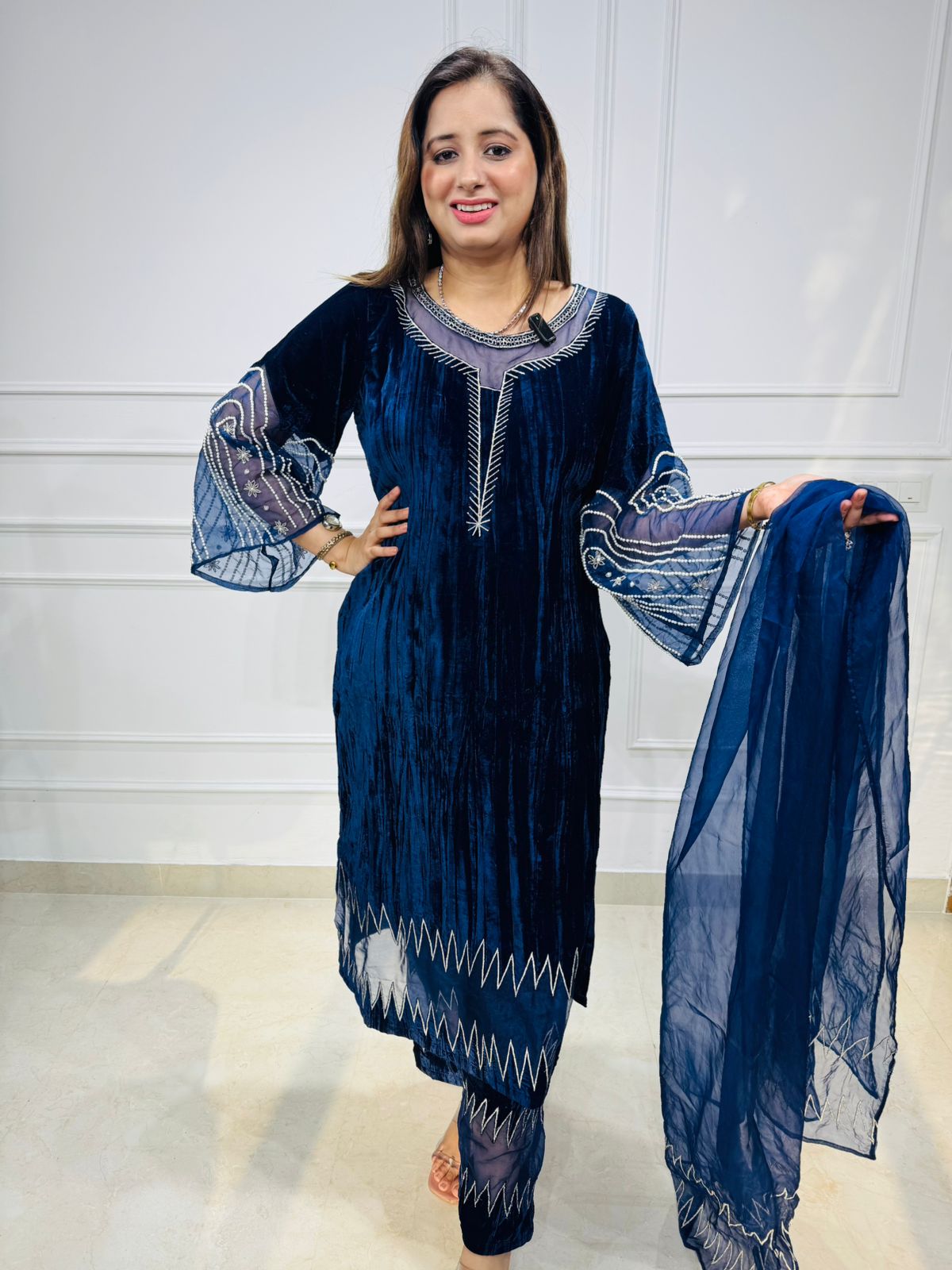 Velverra | Embroidered Ethnic Suit with Bell Sleeves and Dupatta