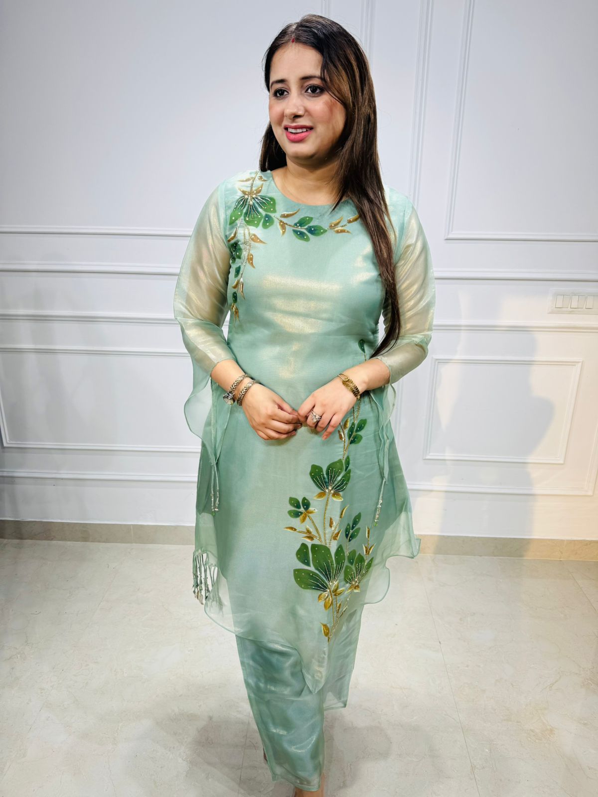 Elysia | Pastel Green Hand-Painted Organza Kurta with Straight Pants