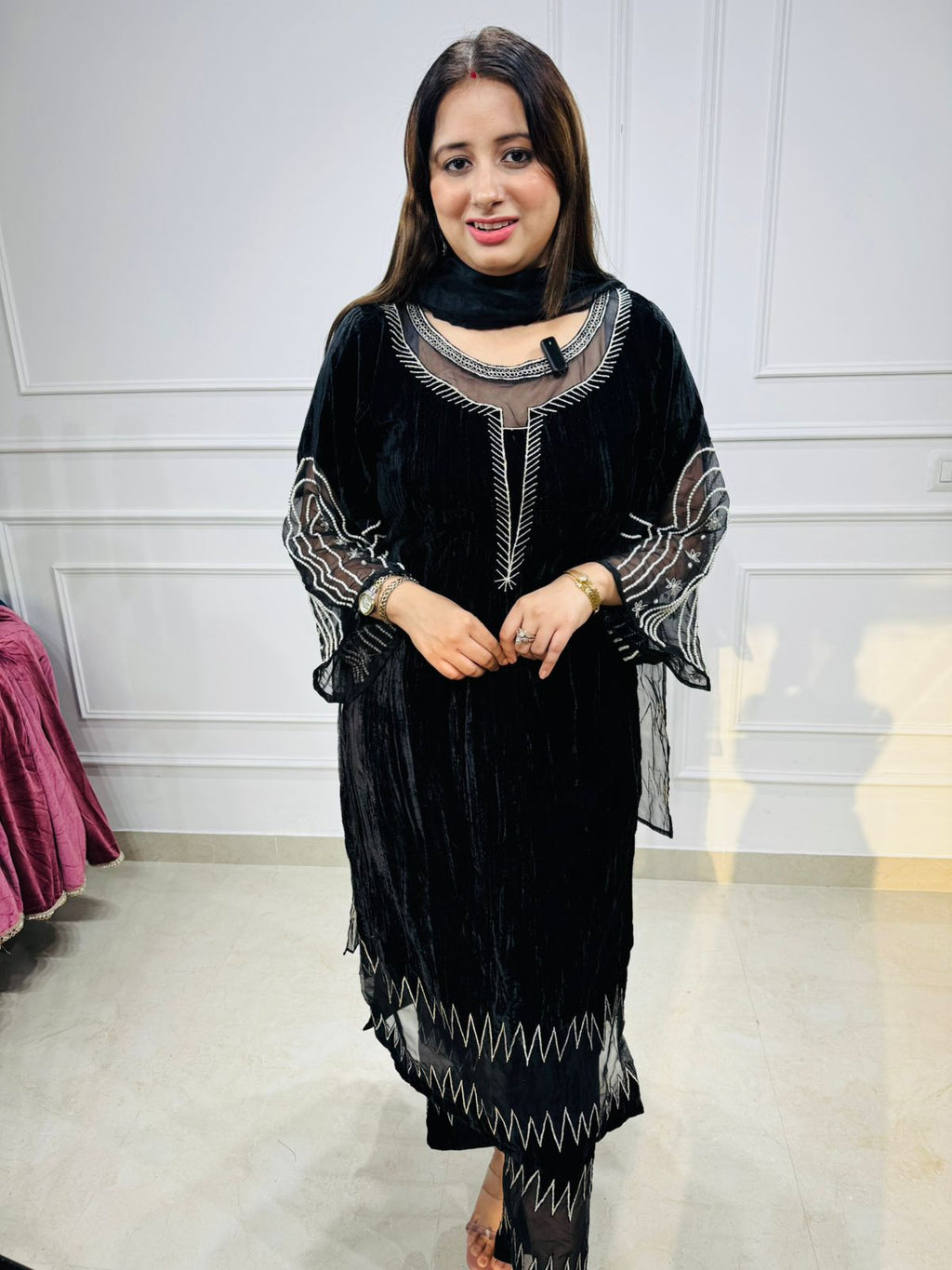 Zyana | Velvet Sheer Detail Kurta Set