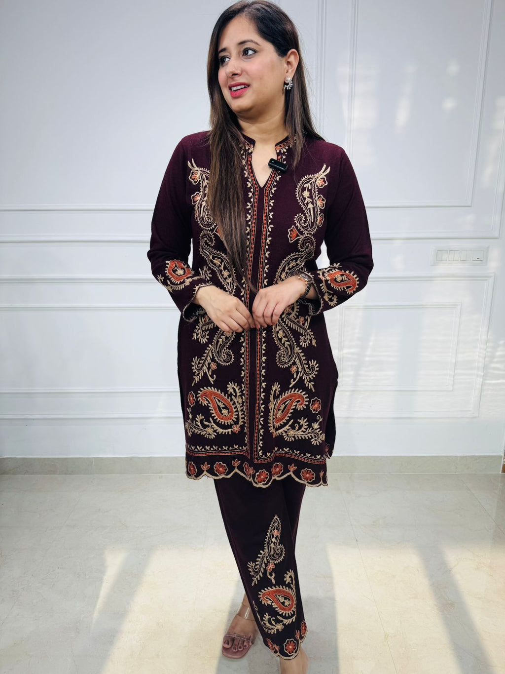 Zaria | Maroon Kashmiri Embroidered Wool Coord Set