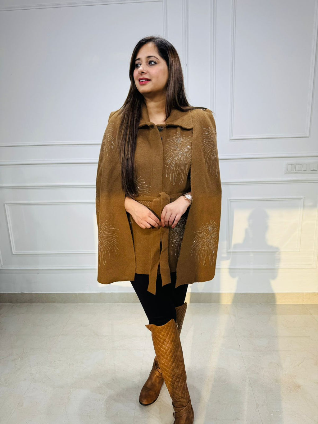 Nova | Embellished Wool Cape in Mocha Brown