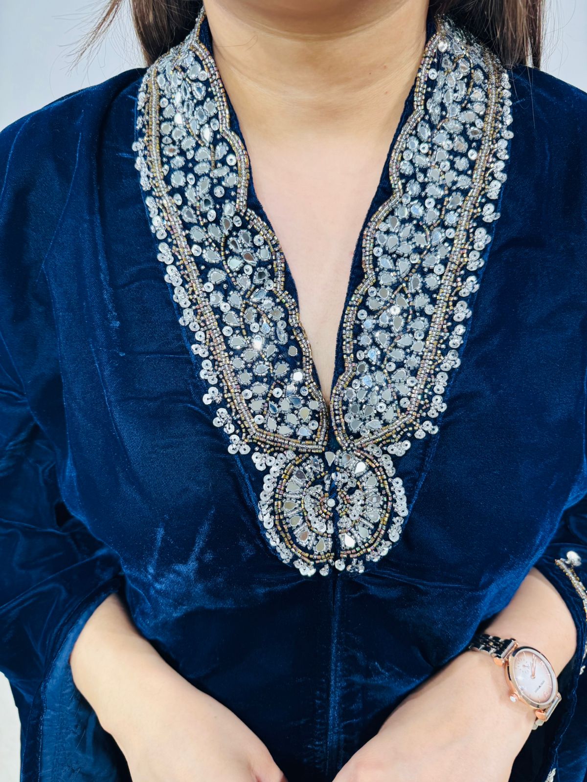 Idris | Navy Velvet Embellished Kaftan Kurta Pant Set for Women | Mirror Work Party & Festive Wear