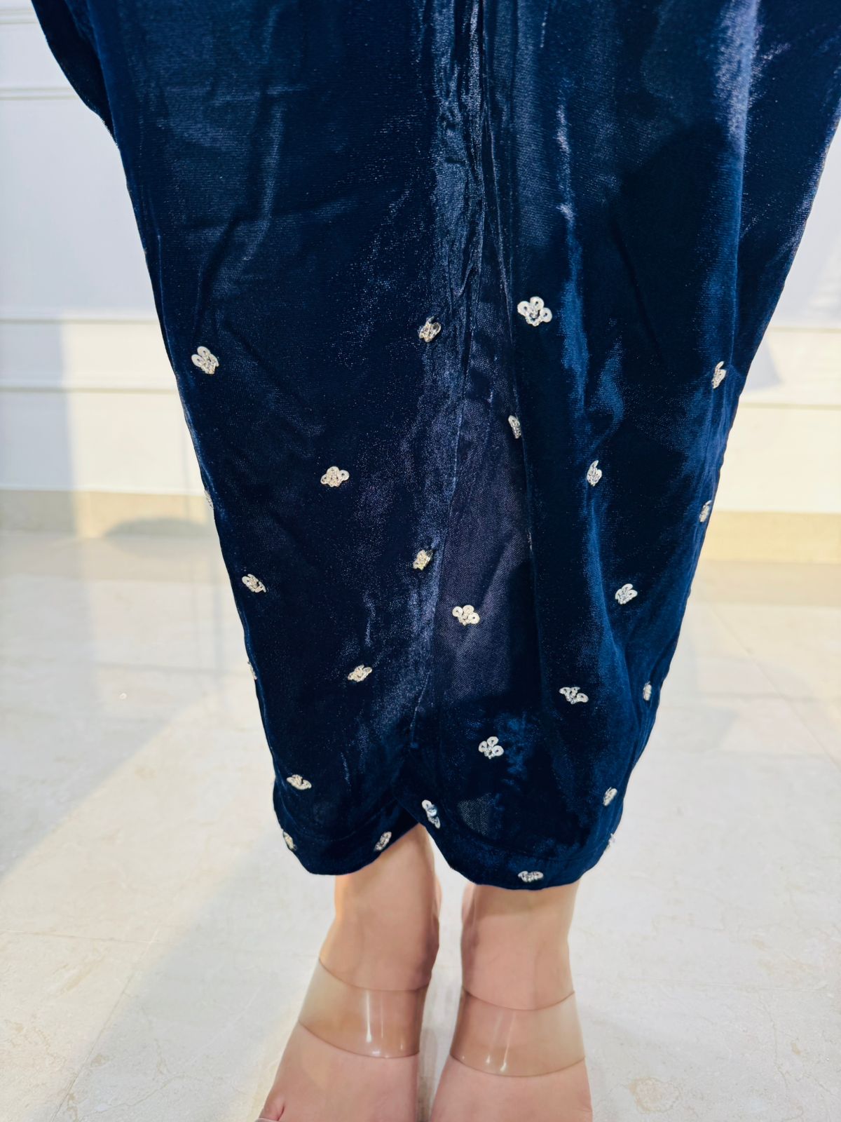 Idris | Navy Velvet Embellished Kaftan Kurta Pant Set for Women | Mirror Work Party & Festive Wear