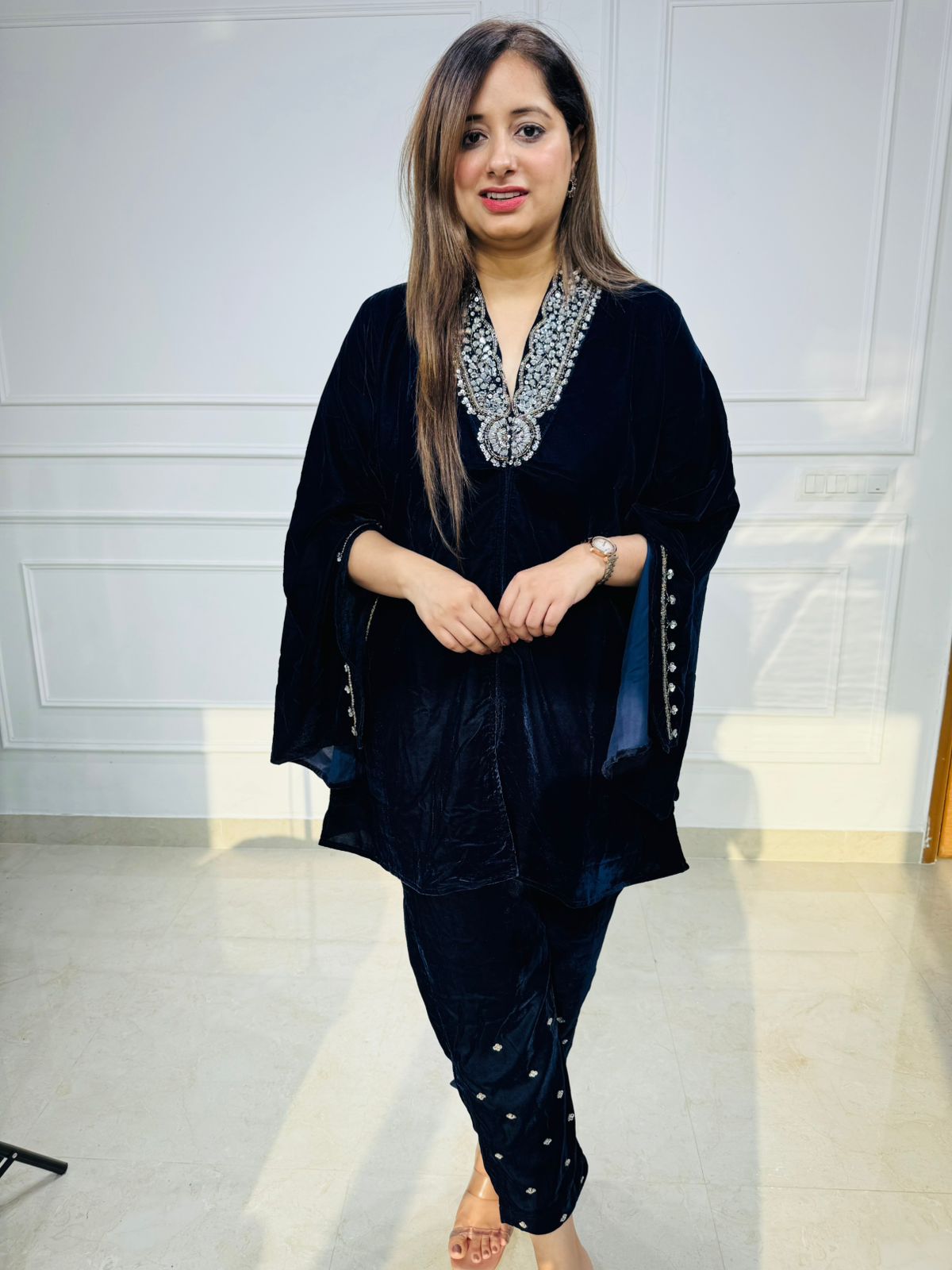 Idris | Navy Velvet Embellished Kaftan Kurta Pant Set for Women | Mirror Work Party & Festive Wear