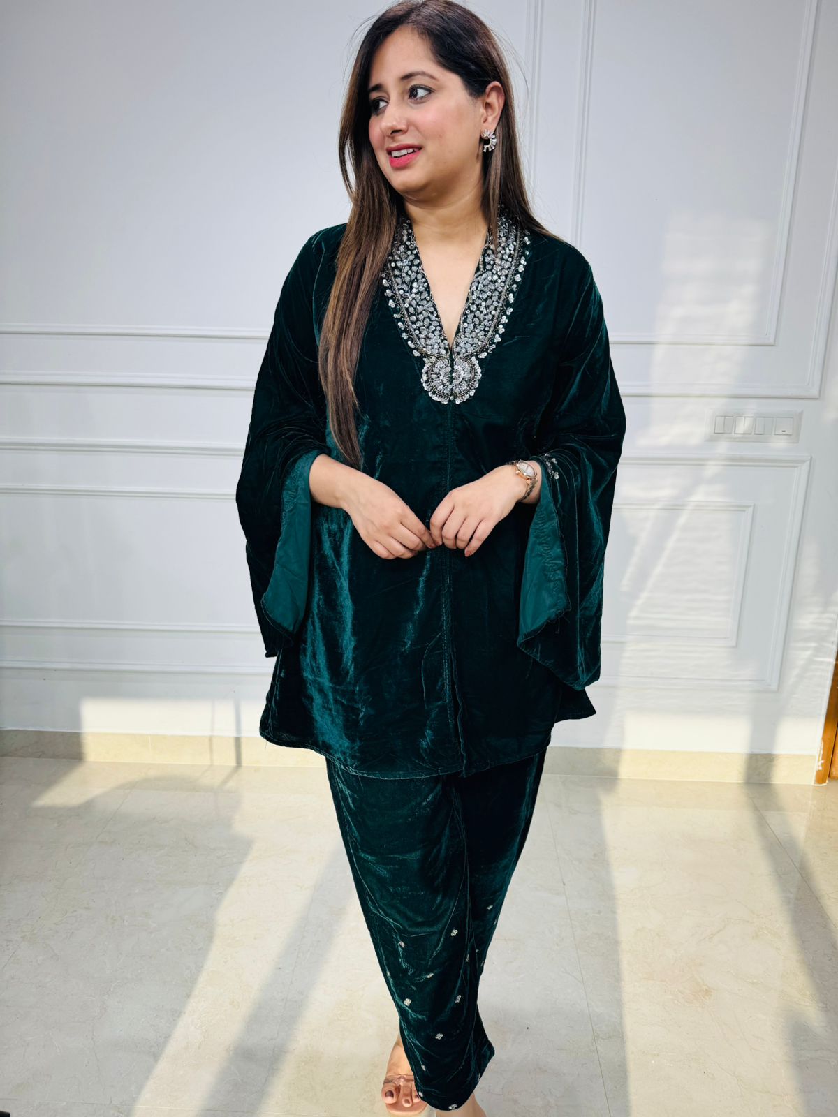 Calista | Olive Embellished Kaftan Kurta Pant Set for Women | Mirror Work Party & Festive Wear