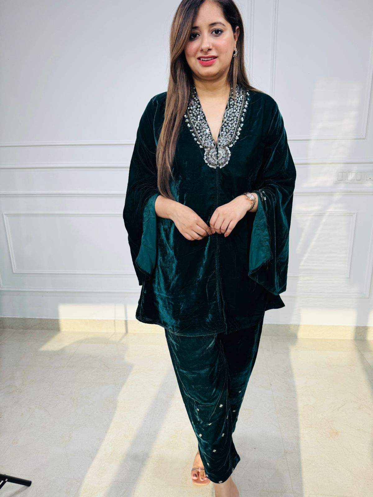 Calista | Olive Embellished Kaftan Kurta Pant Set for Women | Mirror Work Party & Festive Wear