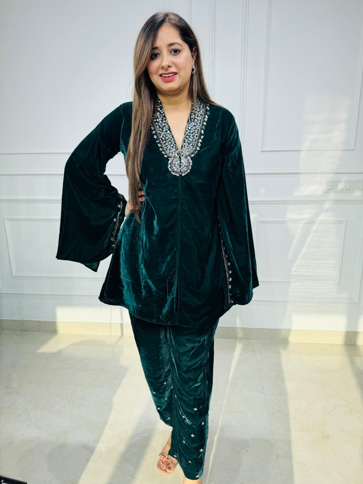 Calista | Olive Embellished Kaftan Kurta Pant Set for Women | Mirror Work Party & Festive Wear