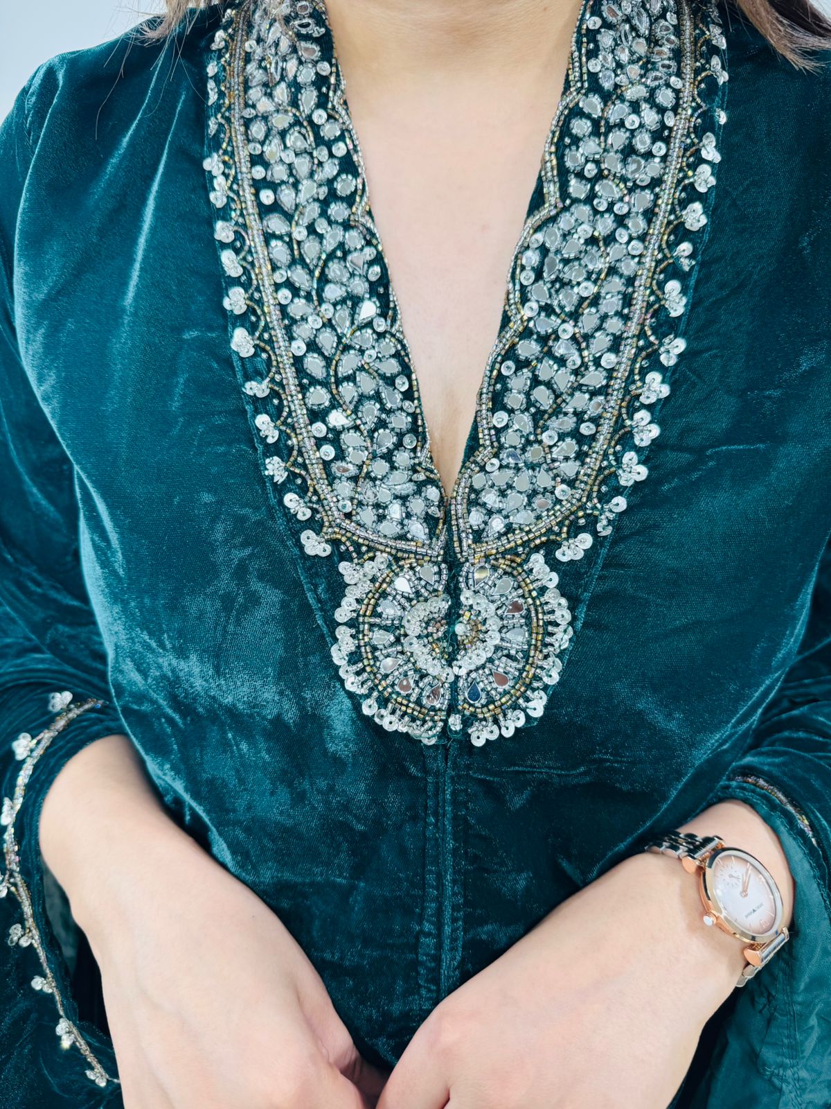 Calista | Olive Embellished Kaftan Kurta Pant Set for Women | Mirror Work Party & Festive Wear