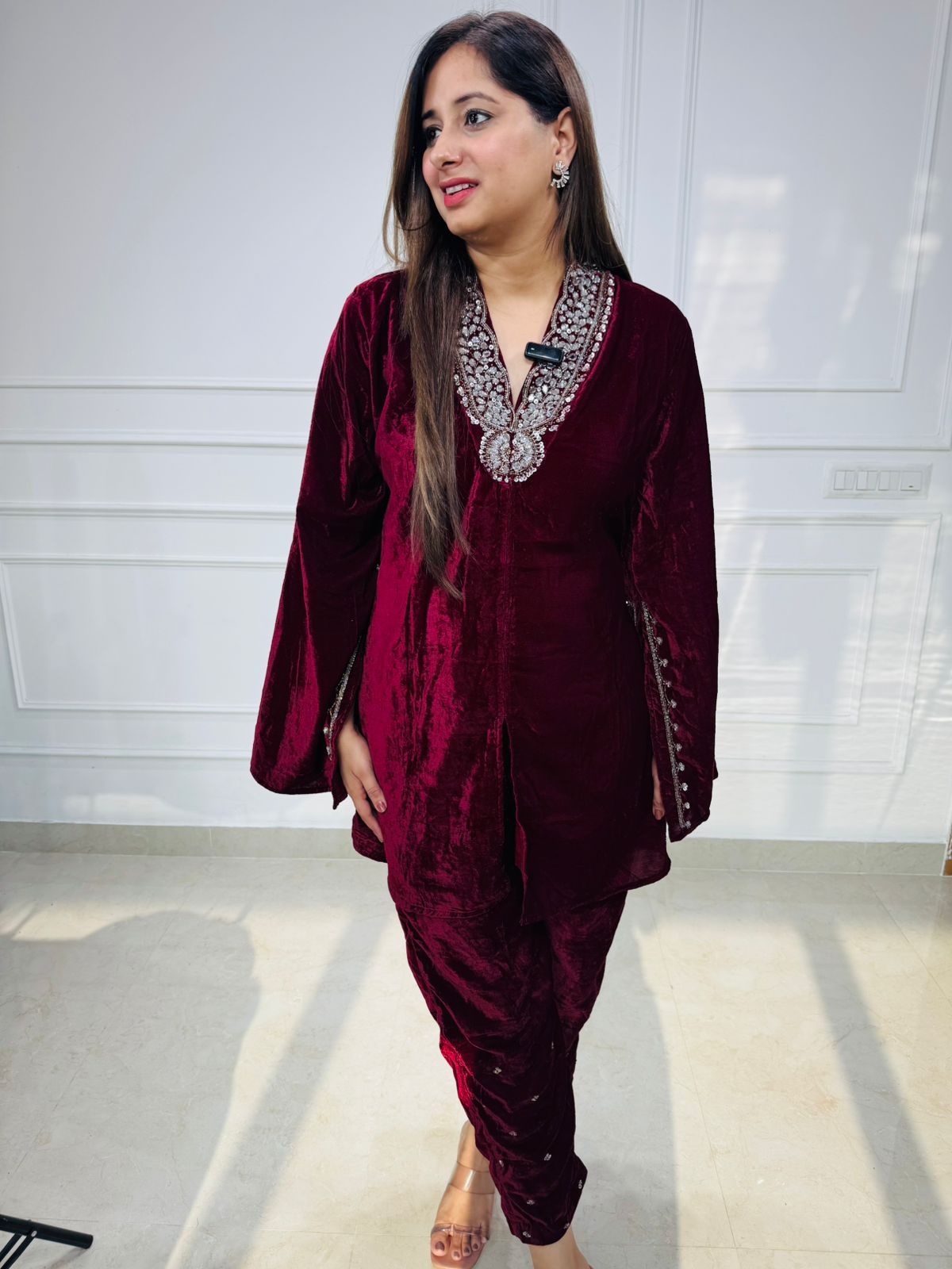 Elara | Wine Velvet Mirror Work Kaftan Kurta Pant Set for Women | Premium Party & Festive Wear