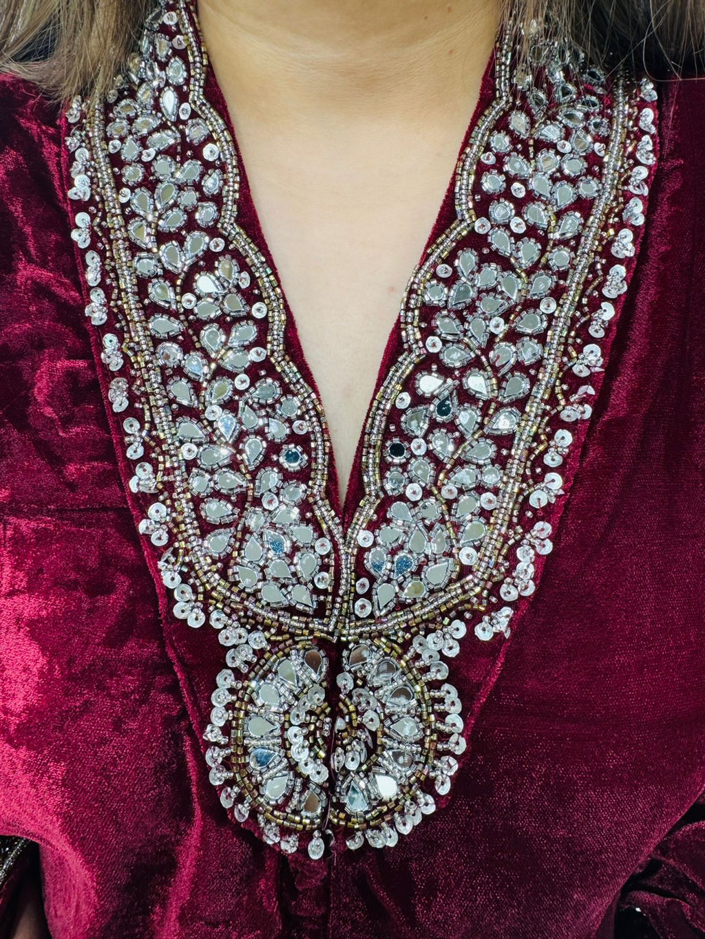 Elara | Wine Velvet Mirror Work Kaftan Kurta Pant Set for Women | Premium Party & Festive Wear